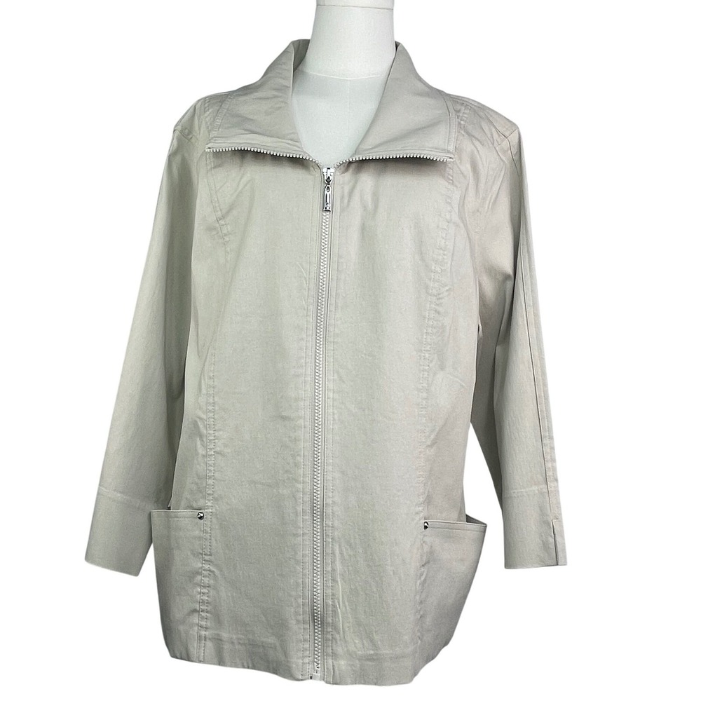 JM Collection Stretchy Beige Khaki Zip Jacket, Plus SZ 18, Preppy, Neutral